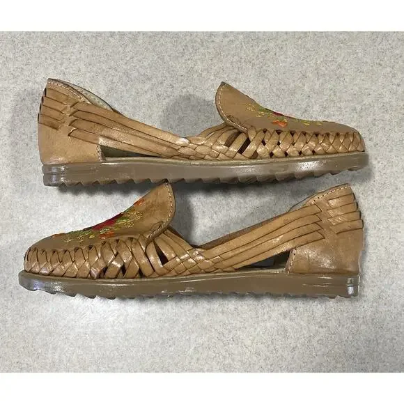 Sandua Women's Floral Embroidered Flats Size 7 Mexican Sandals Brown Leather - Picture 6 of 11